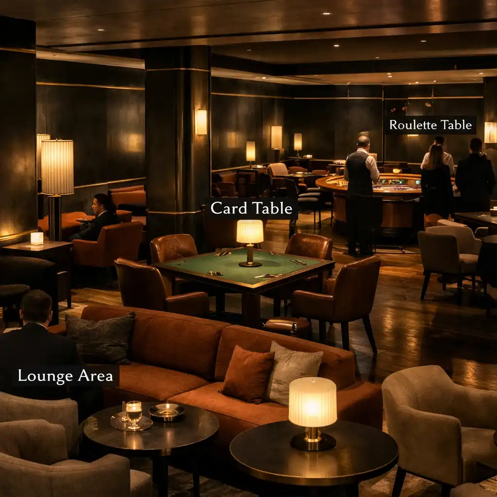 Widok przez Casino Lounge z miejscami lounge, stołem i ciepłymi lampami