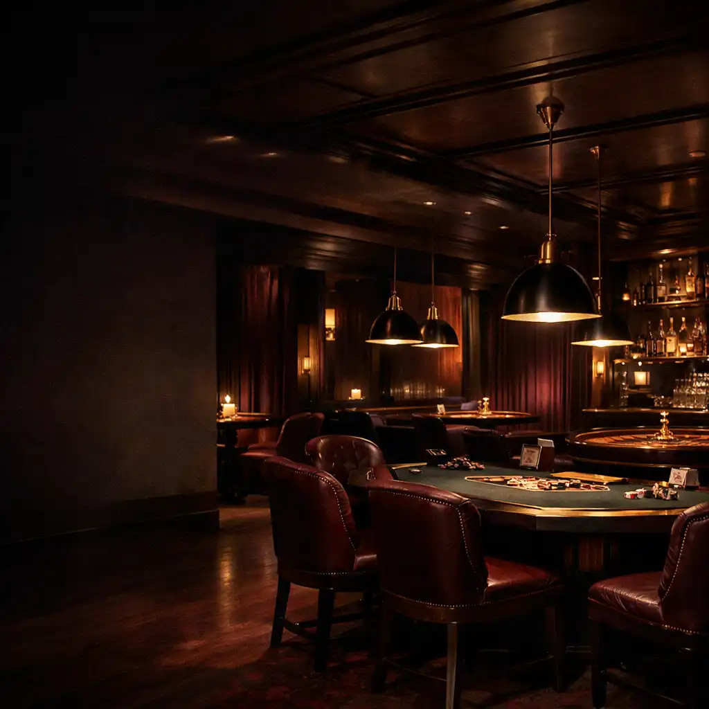Nocne wnętrze Casino Lounge z oświetlonymi stołami i miejscami lounge
