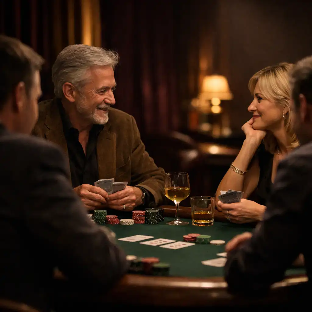 Osoby prowadzące spokojną rozmowę przy stole z kartami i szkłem w card lounge