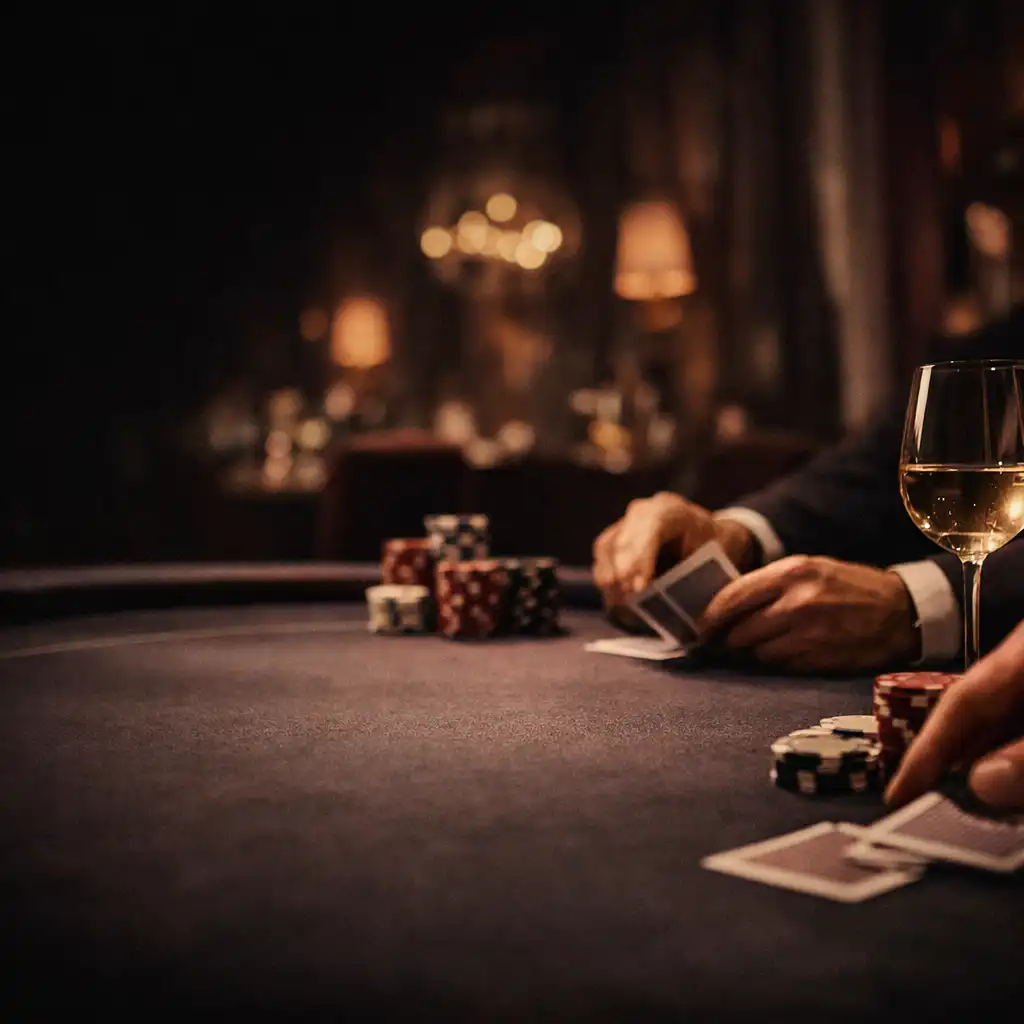 Dłonie przy kartach i żetonach na pokerowym stole, obok kieliszek w ciepłym świetle