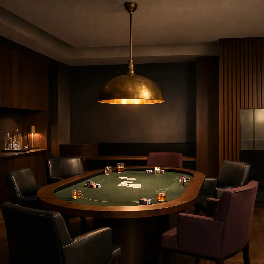 Kameralne wnętrze poker salonu z przygotowanym stołem i mosiężną lampą