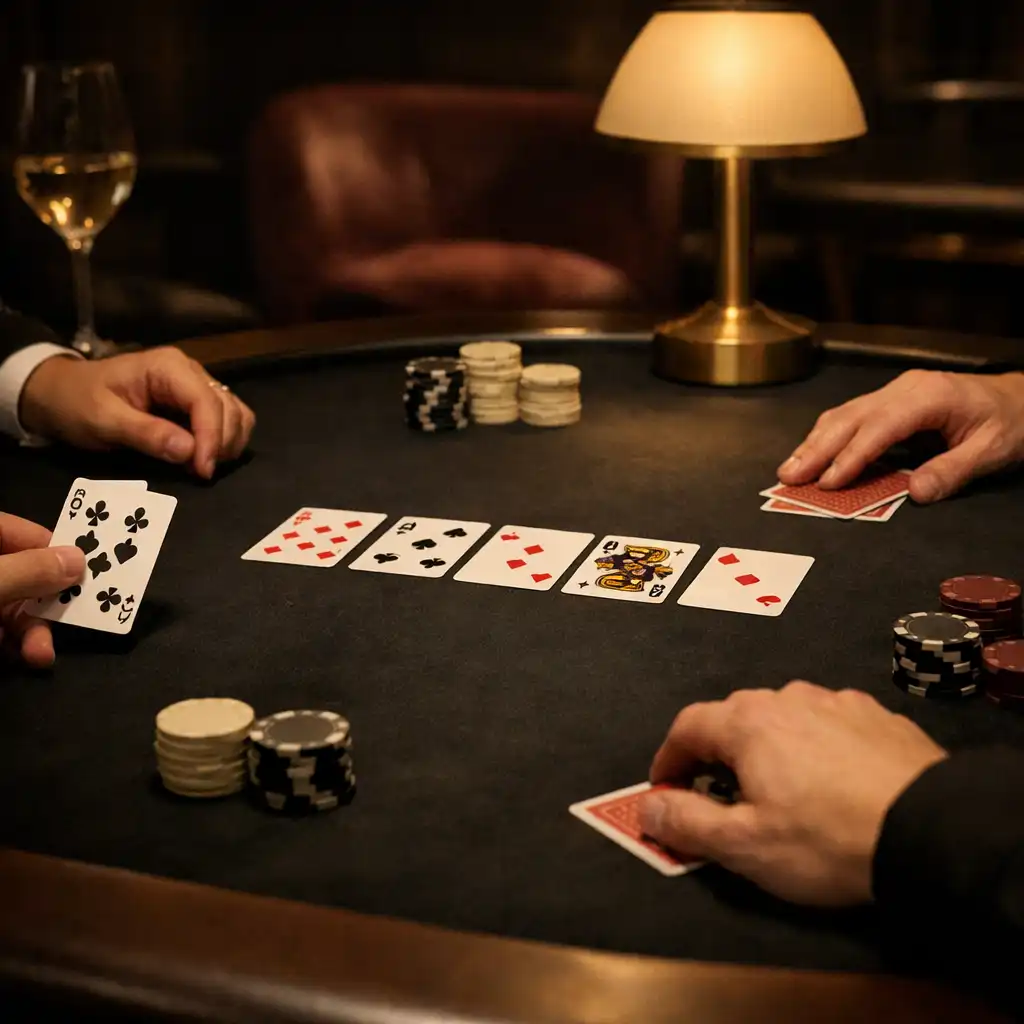 Dłonie przy stole pokerowym, karty i neutralne żetony w ciepłym świetle