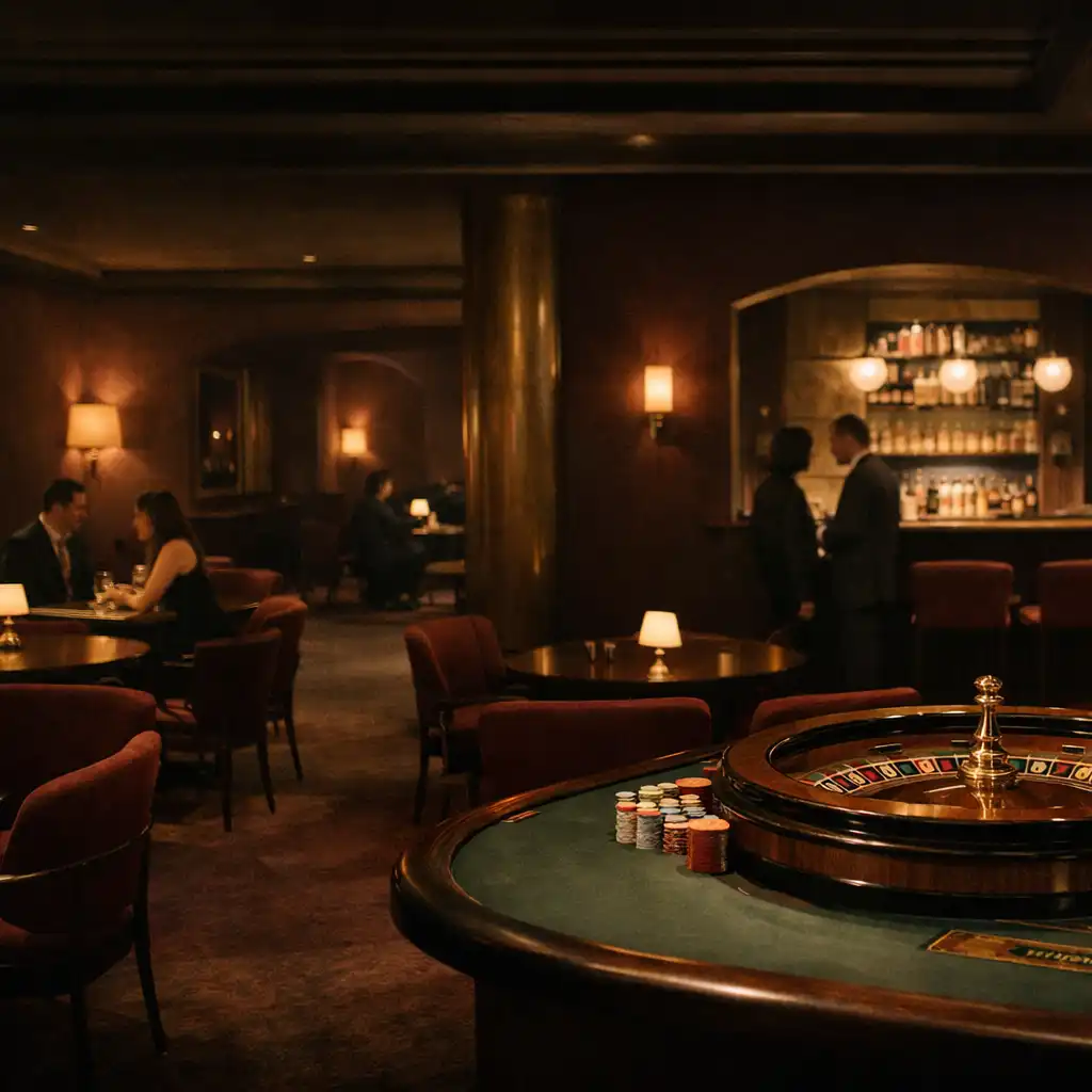 Wieczorne wnętrze Casino Lounge z przestrzenią i stołem ruletki