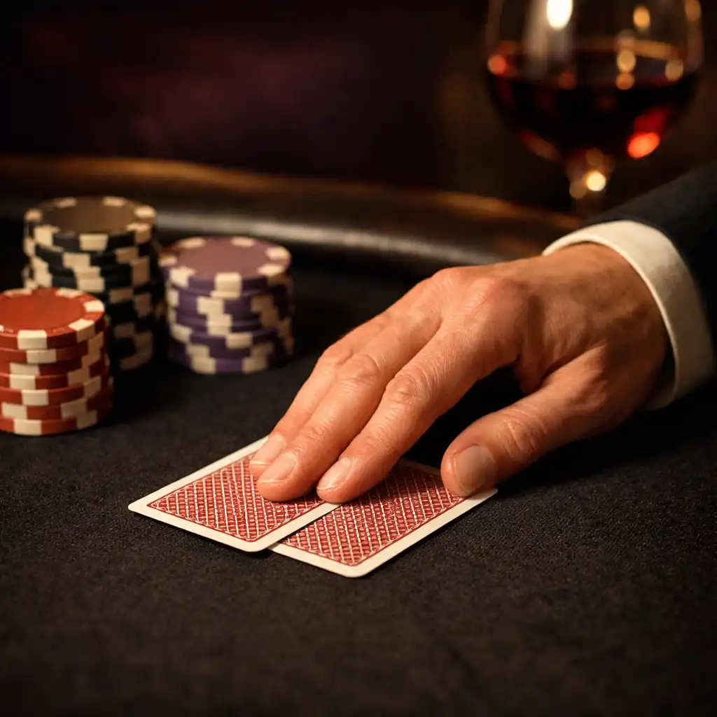 Dłoń układająca karty na ciemnym filcu przy stole Texas Hold’em