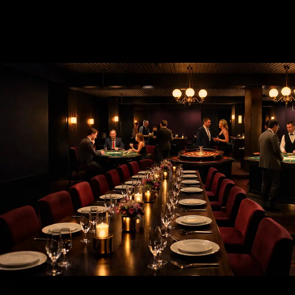 Panoramiczna scena długiego stołu restauracyjnego prowadzącego do kameralnych stołów pokerowego, ruletki i blackjacka