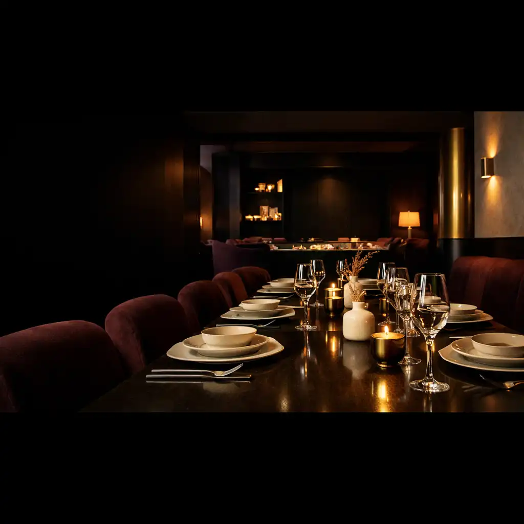 Długi stół restauracyjny prowadzący ku zacienionej części wieczornego lounge'u