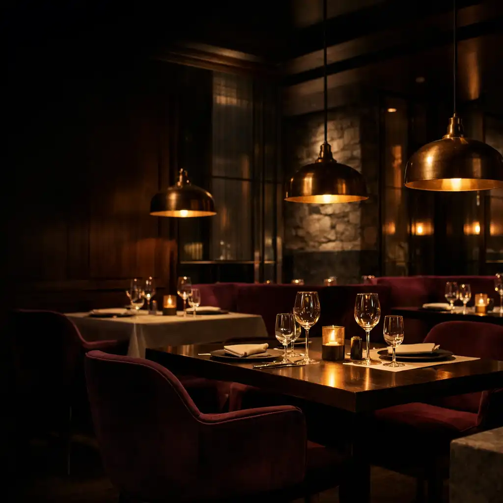 Nocne wnętrze restauracji ŻETON z nakrytymi stołami i mosiężnymi lampami
