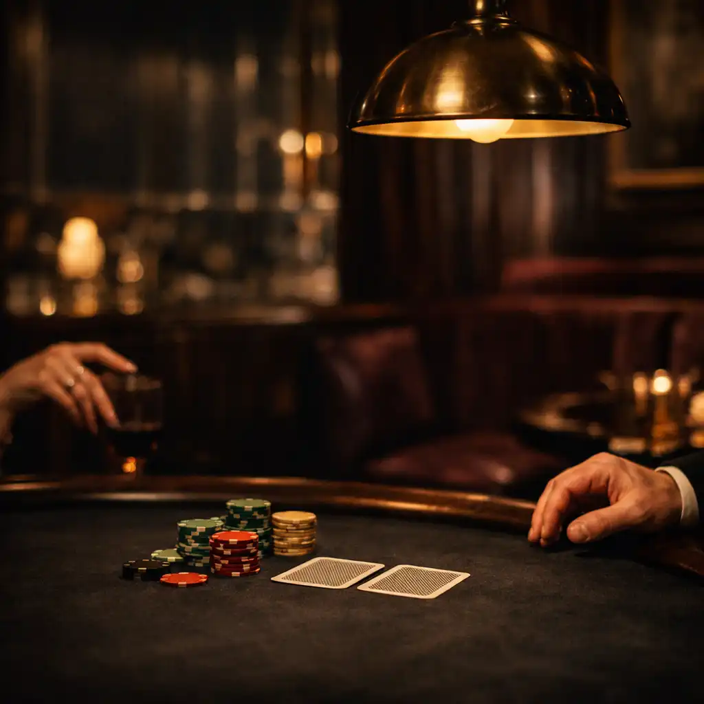 Fizyczny stół Casino Lounge z kartami i żetonami w ciepłym, ciemnym świetle