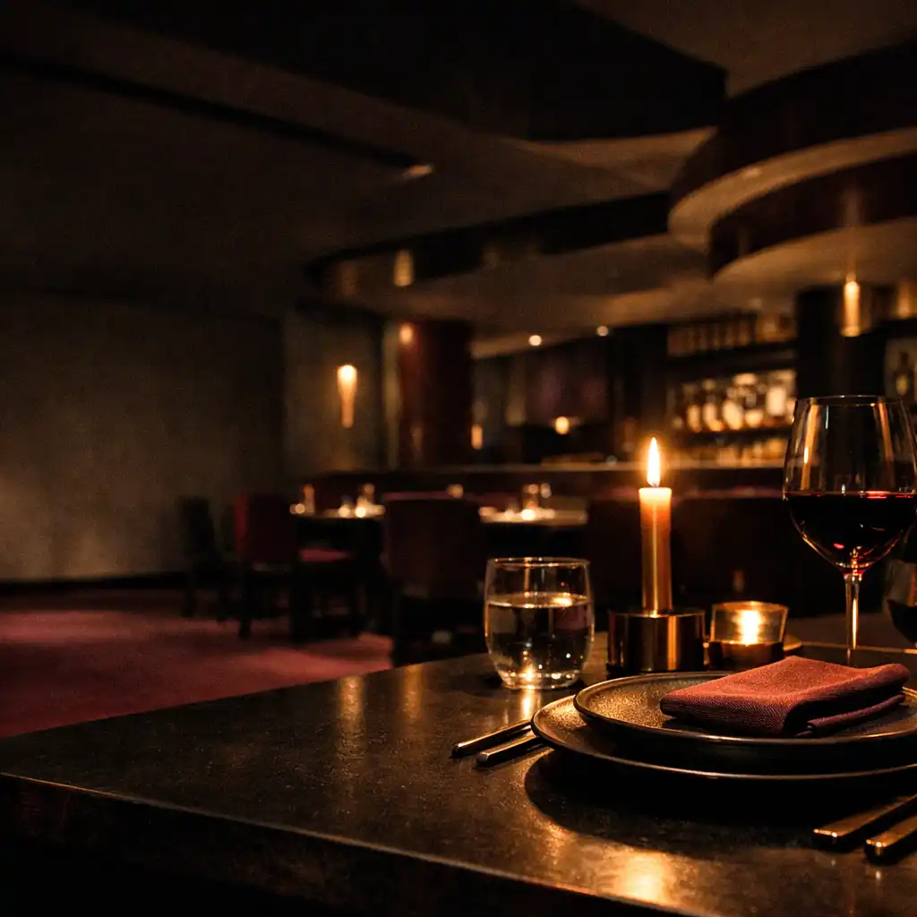 Przygotowany stół w eleganckim wnętrzu restauracji ŻETON wieczorem