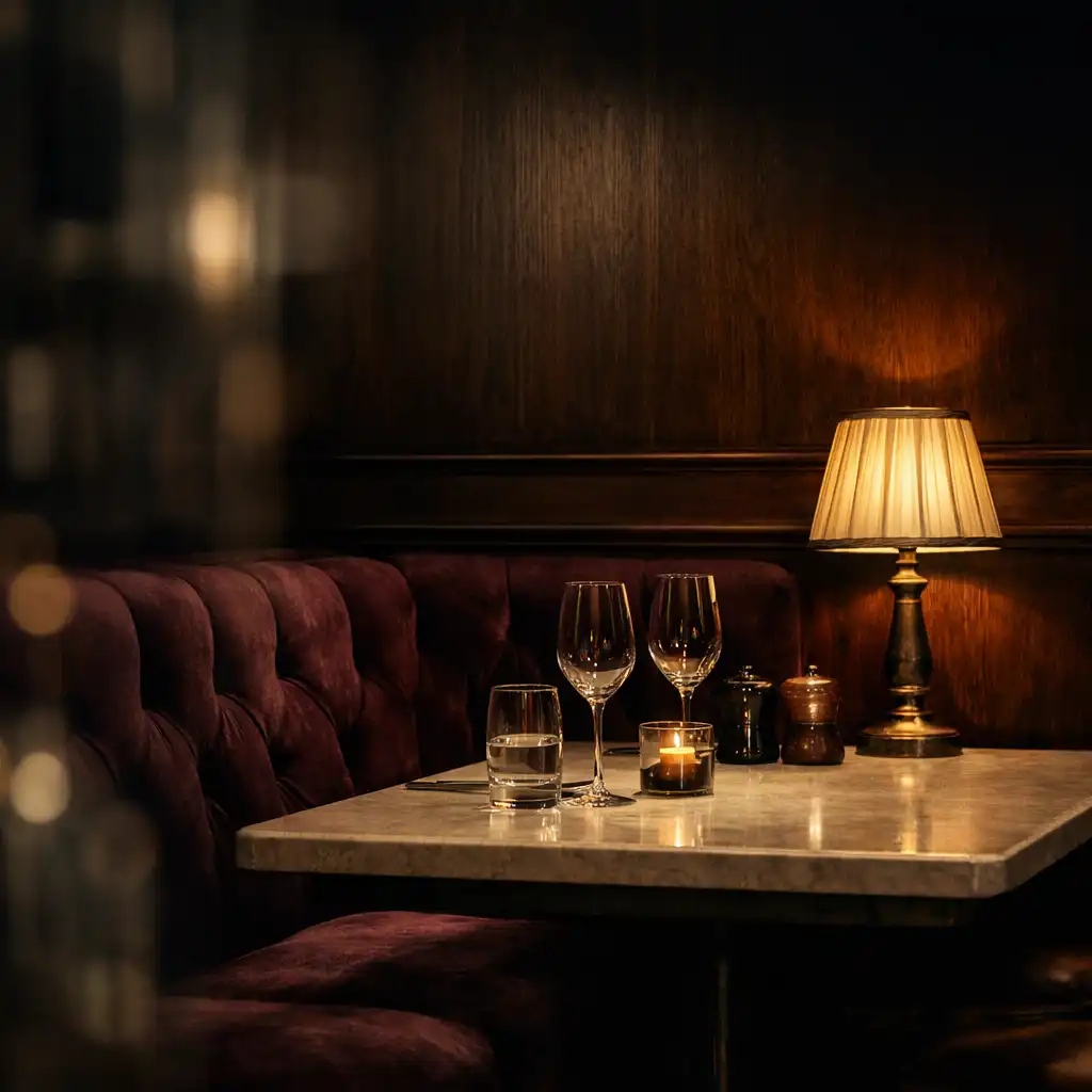 Aksamitny boks restauracyjny z kamiennym stołem, szkłem i mosiężną lampą